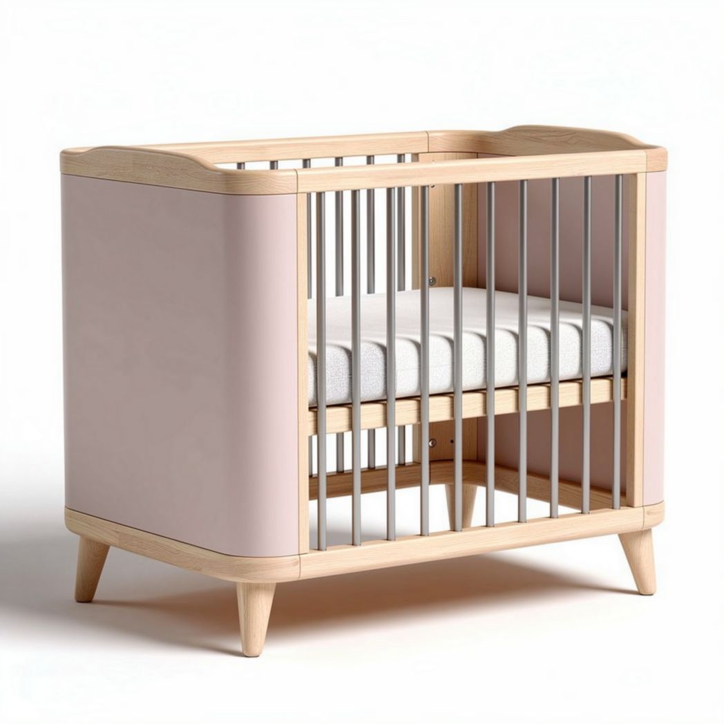Wooden baby crib with pink paneling and metal bars measuring 120 x 60 x 90cm