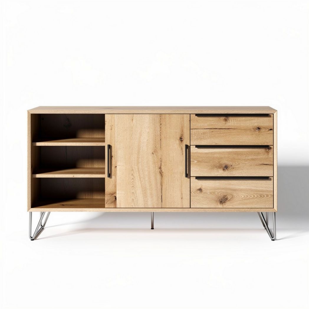 Wooden sideboard with four drawers and open shelving in natural finish 120 x 40 x 75cm