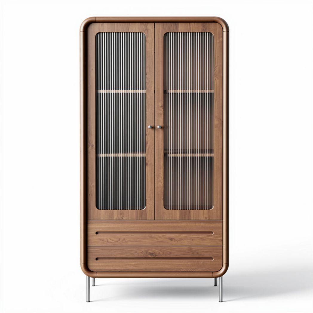 Wooden cabinet with glass doors and metal legs for living room storage