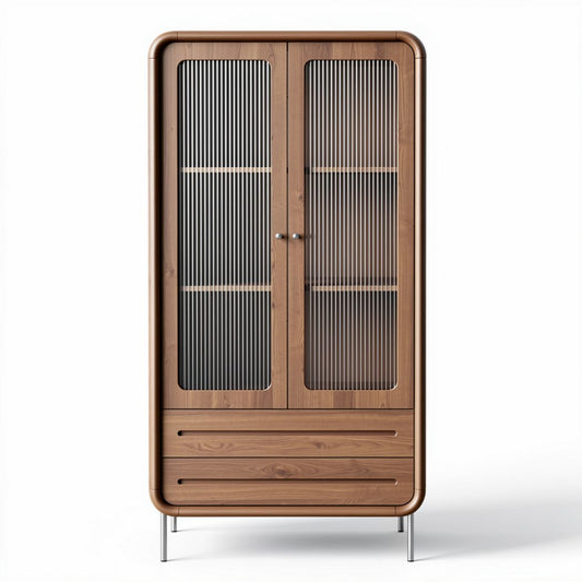 Wooden cabinet with glass doors and metal legs for living room storage