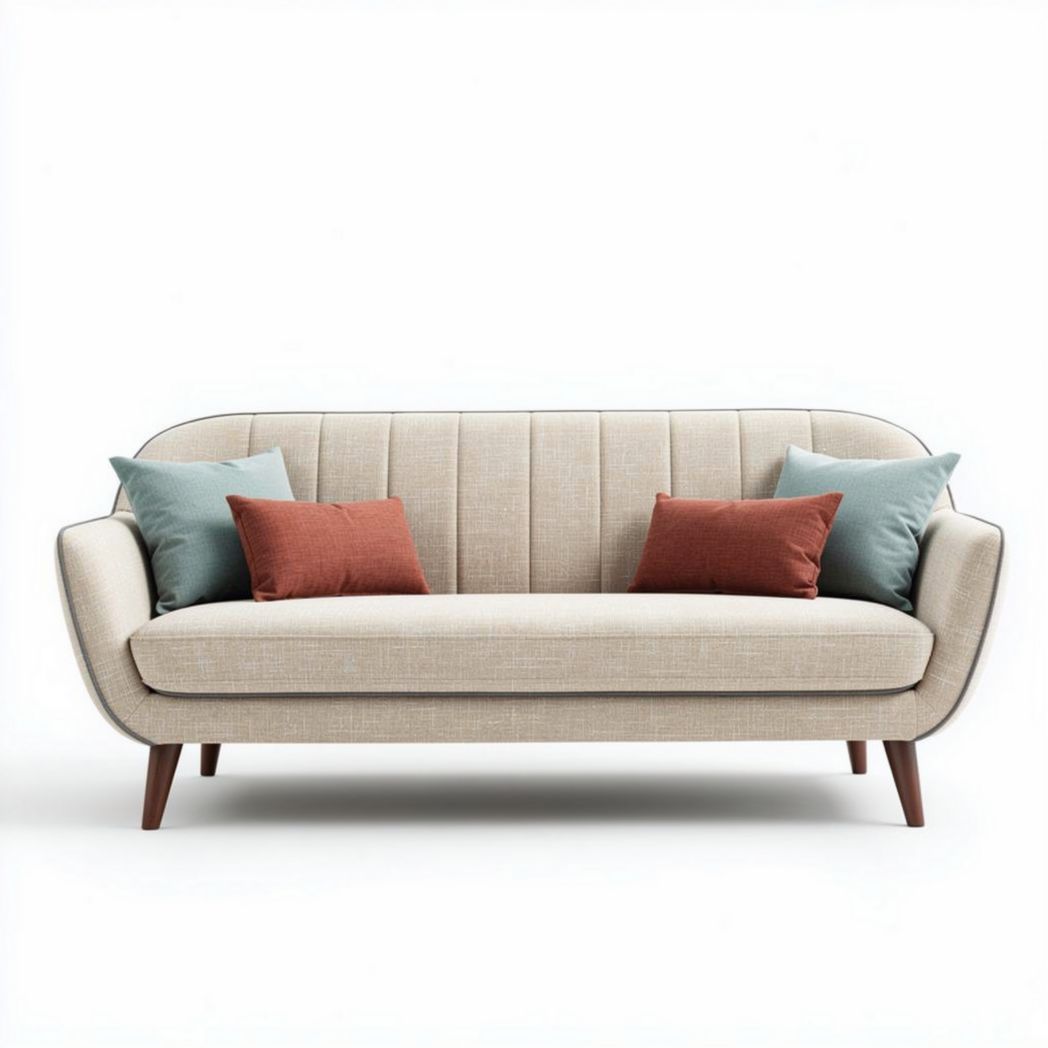 Fabric three-seater sofa with back cushions in beige and teal colors