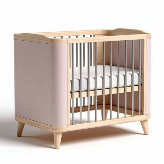 Wooden baby crib with pink paneling and metal bars measuring 120 x 60 x 90cm