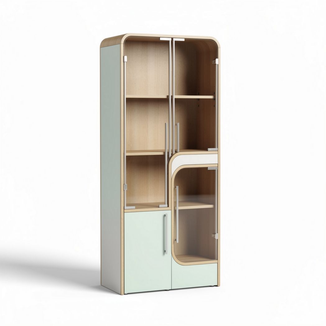 Modern wooden storage cabinet with multiple shelves and green accents 150 x 70 x 40cm