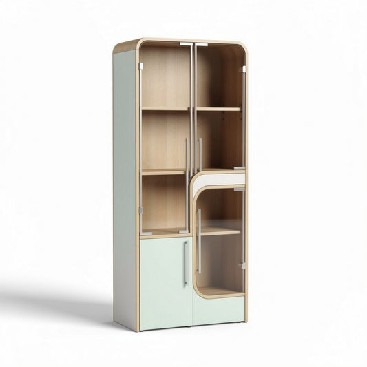 Modern wooden storage cabinet with multiple shelves and green accents 150 x 70 x 40cm