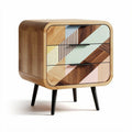 Colorful patterned wooden nightstand with three drawers and tapered legs 45 x 40 x 60cm