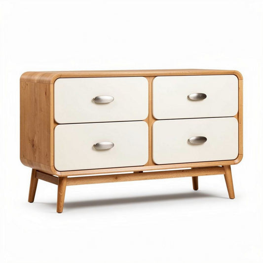 Wooden dresser with four drawers in natural finish and white accents 70 x 35 x 40cm